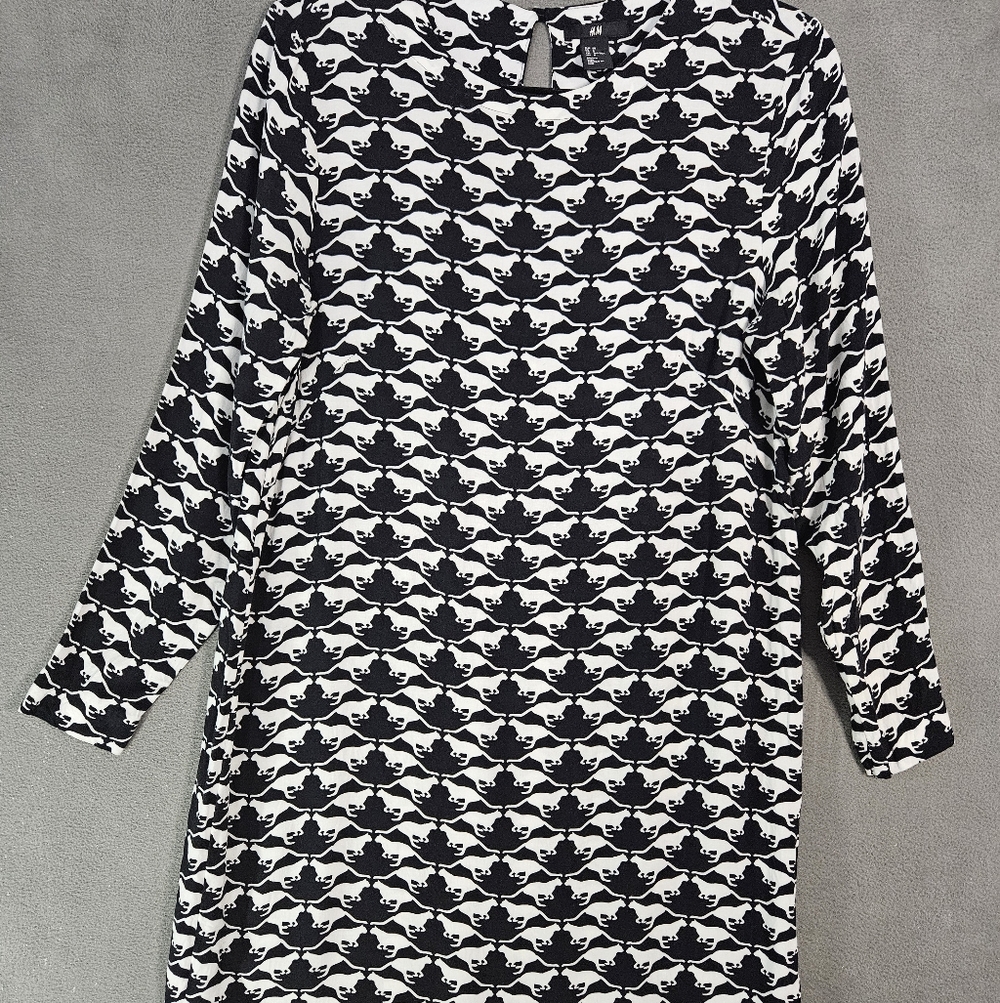 H&M Women 8 Midi Sheath Dress Black White All Over Cat Print Keyholes Long Sleev